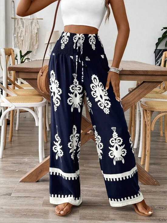 Pants - Women's Waistband Drawstring Floral Print Casual Pants,
